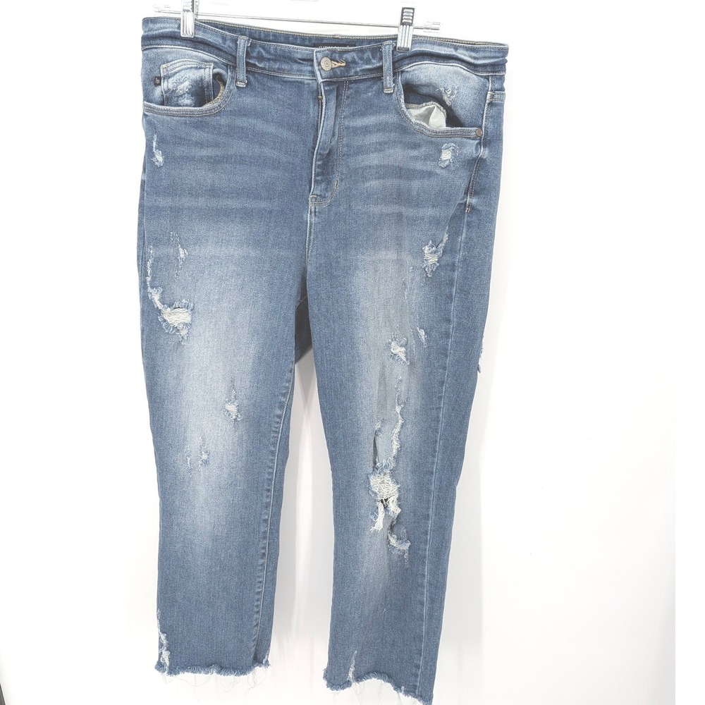 Judy Blue Straight Fit Jeans Womens 15/32 Blue Distressed Raw Hem Comfort Casual
